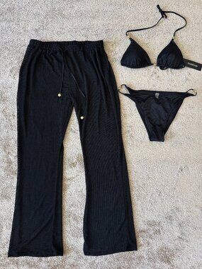 MSRP $128-Women's bebe 3 Pcs Swim Set-Black Bikini, Top & See Through Mesh Pant